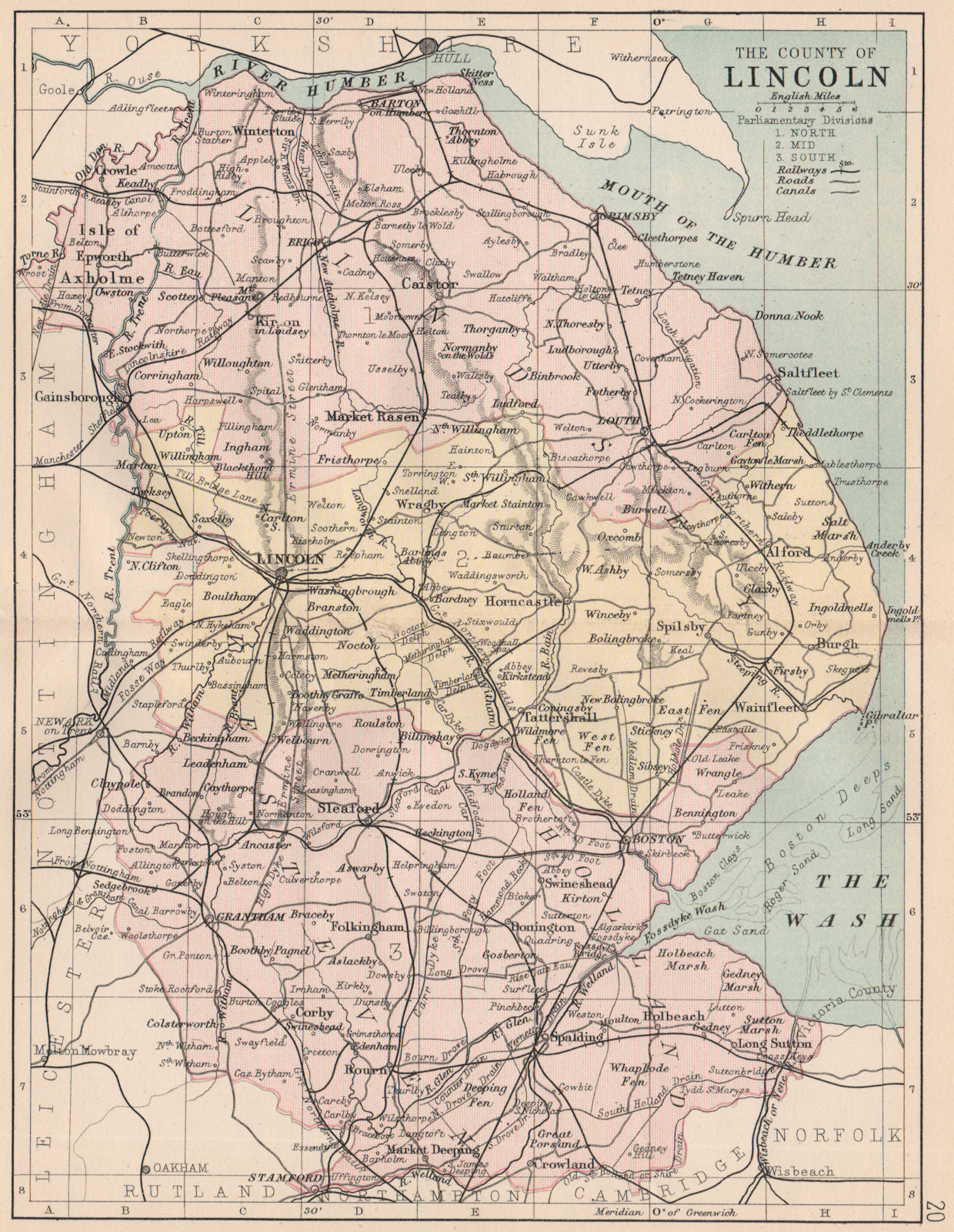 LINCOLNSHIRE. Antique county map. Railways canals. Constituencies. PHILIP 1882